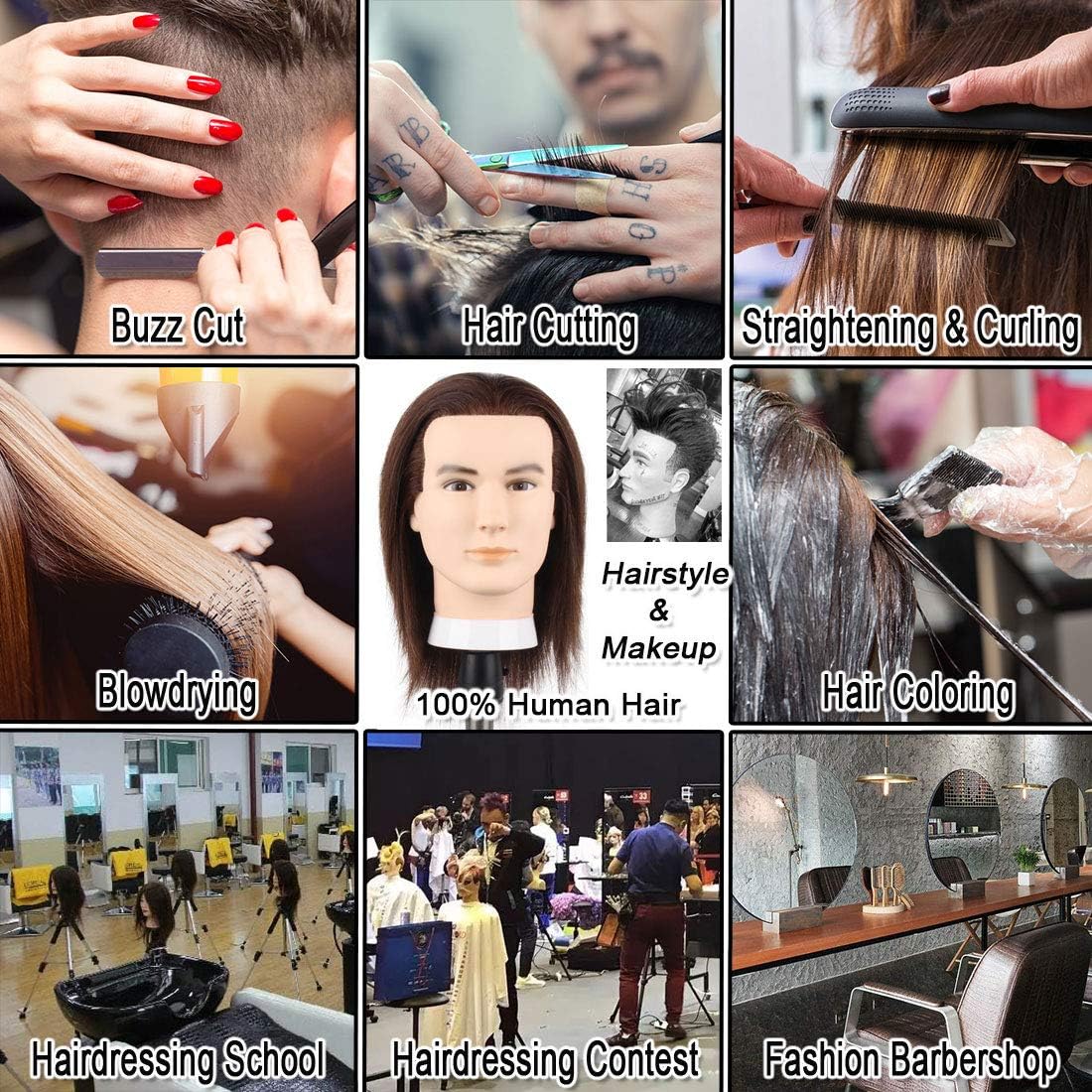 Male Mannequin Head with 100% Human Hair Haircut Training Head with Thick Hair Hairdresser Manikin Head Doll Head for Hair Styling and Practice Handsome Face Adult Head Size (8-10Inch 3B#)