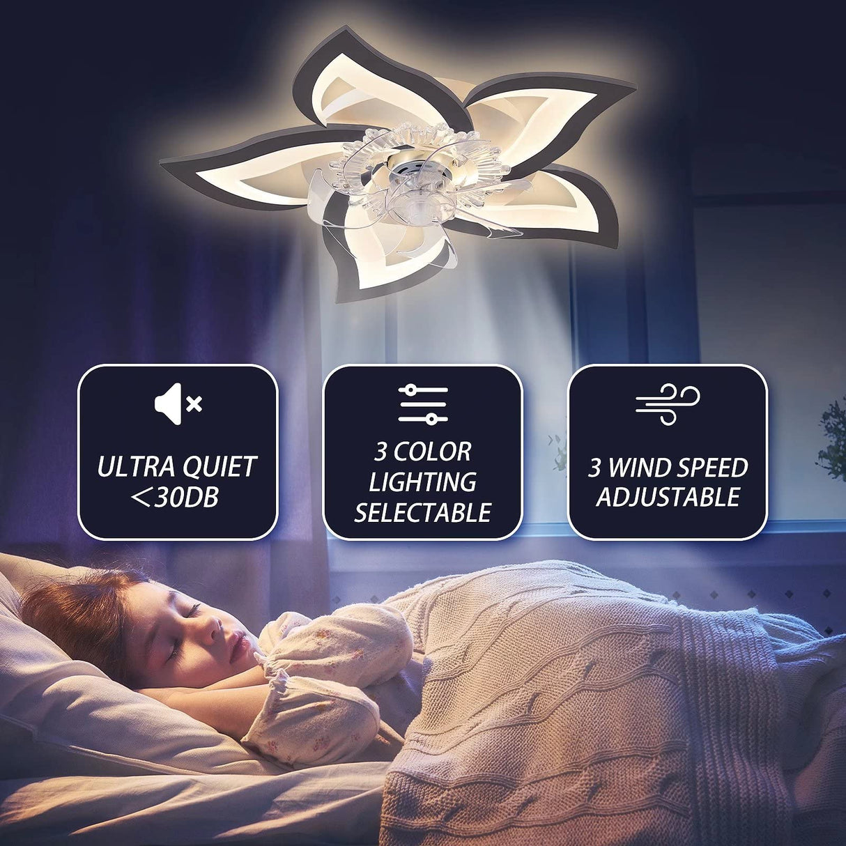 Ceiling Fan with Lights,27In Remote Control 3 Color temperatures,6 Gear Wind Speed Fan Light,Ceiling Lights with Fan for Bedroom,Childrenās Room and Dining Room (White)