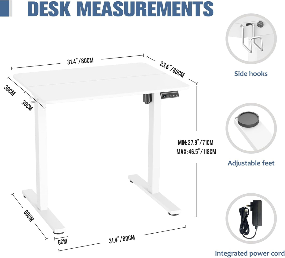 Electric Height Adjustable Standing Desk 80x60cm (31"x23.6"), Sit Stand Desk with Splicing Top for Home Office