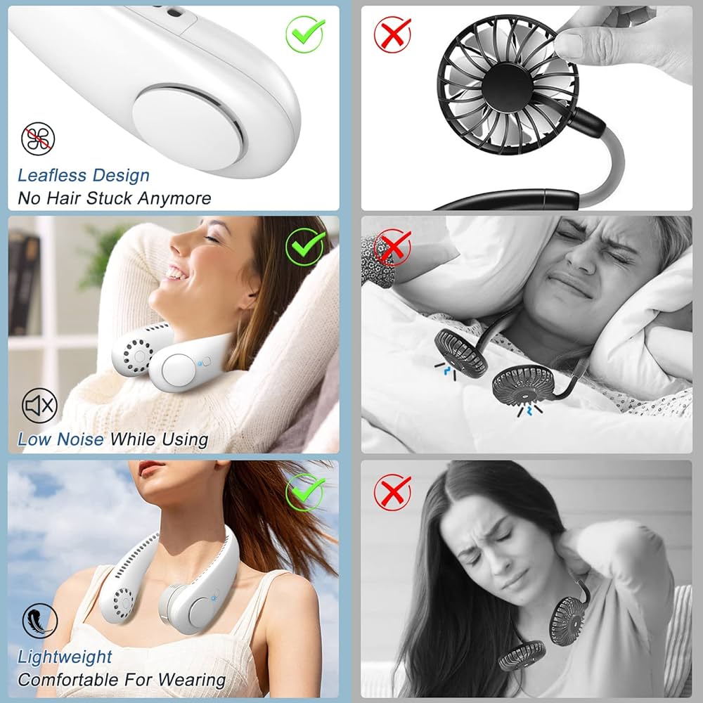 Neck Fan, Portable Hanging Neck Fan, Bladeless Mini Neck Fan with 360° Airflow, 3-Speed Hands-Free Personal Fan Rechargeable Wearable Fan Cooling Quiet for Home Office Travel Sports Outdoor