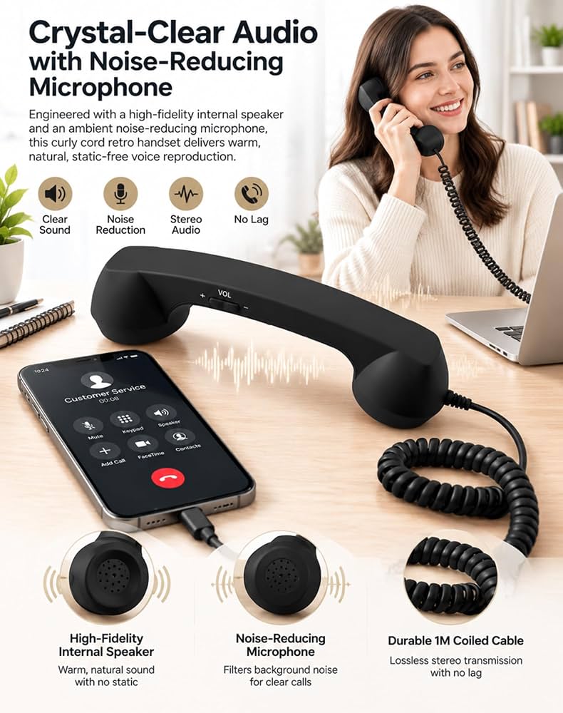 Retro USB-C Wired Phone Handset with Microphone & Volume Control