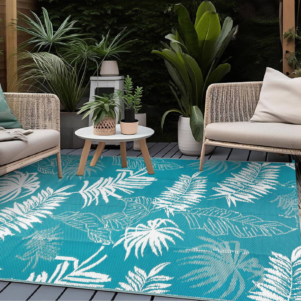 Outdoor Reversible Rug Waterproof Outdoor Patio Rug Plastic Large Floor Mat Lightweight Indoor Outdoor Rug Carpet Plastic Straw Rug for Camping Deck RV Backyard Picnic (Teal) 150x245cm