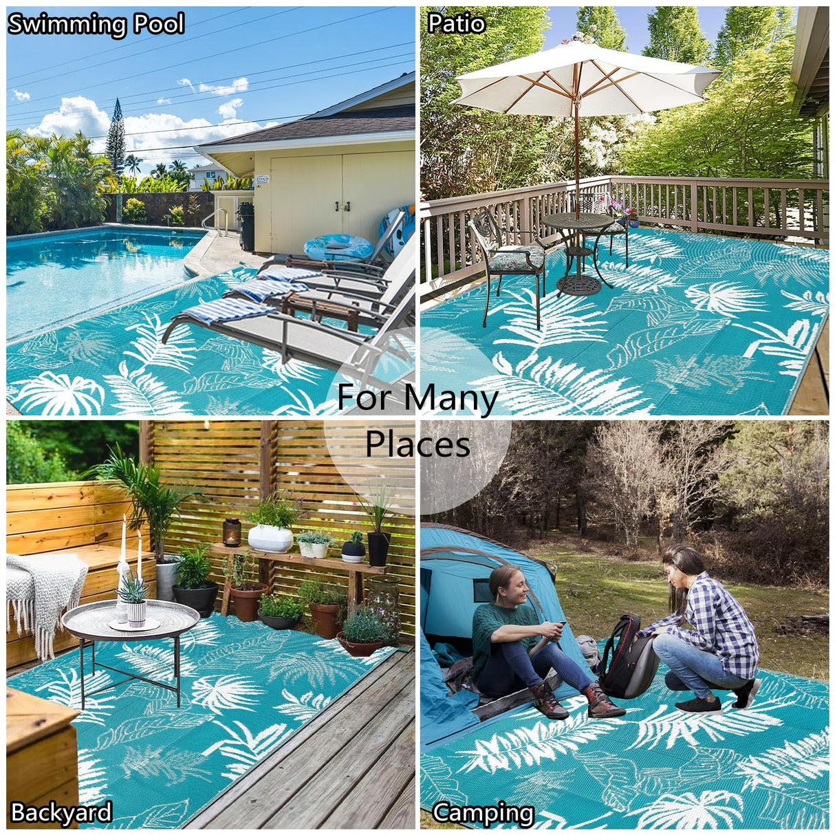Outdoor Reversible Rug Waterproof Outdoor Patio Rug Plastic Large Floor Mat Lightweight Indoor Outdoor Rug Carpet Plastic Straw Rug for Camping Deck RV Backyard Picnic (Teal) 150x245cm