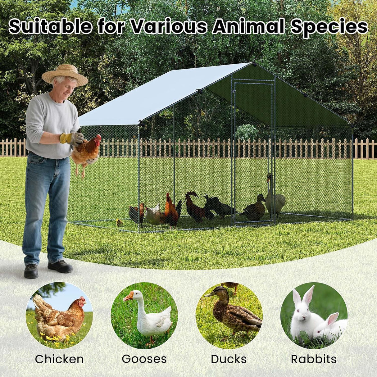 Costway Large Chicken Coop, Walk-in Poultry Cage w/Oxford Canopy, Hexagonal Mesh Net, Lockable Door & Ground Stakes, Spire-Shaped Pet House for Duck, Goose, Rabbit (310 x 170 x 190 cm (L x W x H))