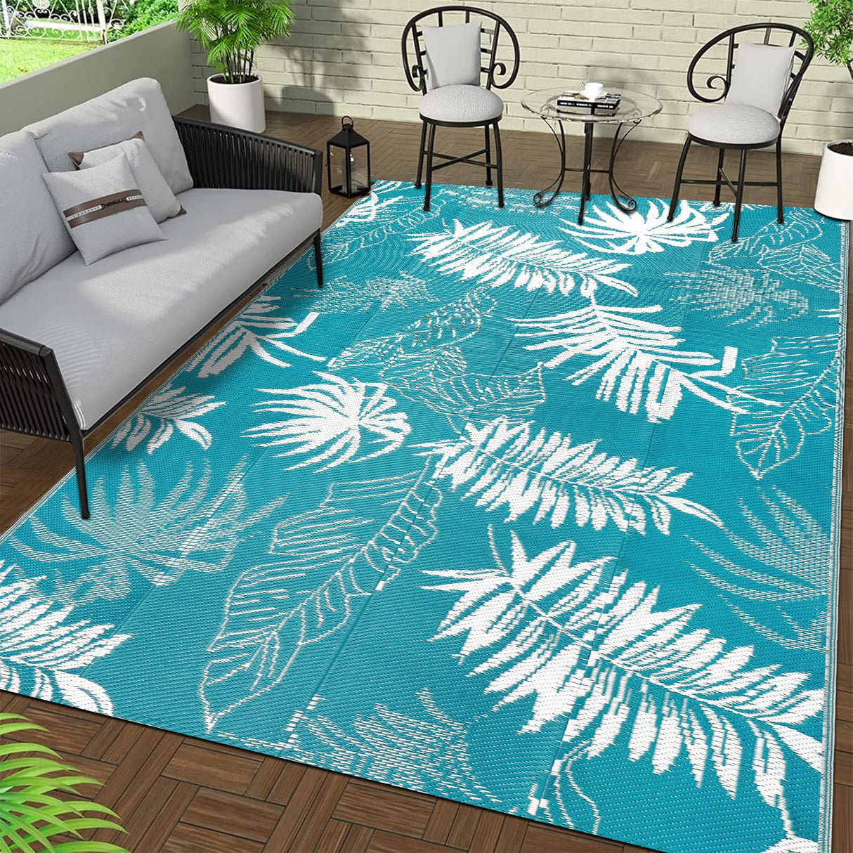 Outdoor Reversible Rug Waterproof Outdoor Patio Rug Plastic Large Floor Mat Lightweight Indoor Outdoor Rug Carpet Plastic Straw Rug for Camping Deck RV Backyard Picnic (Teal) 150x245cm