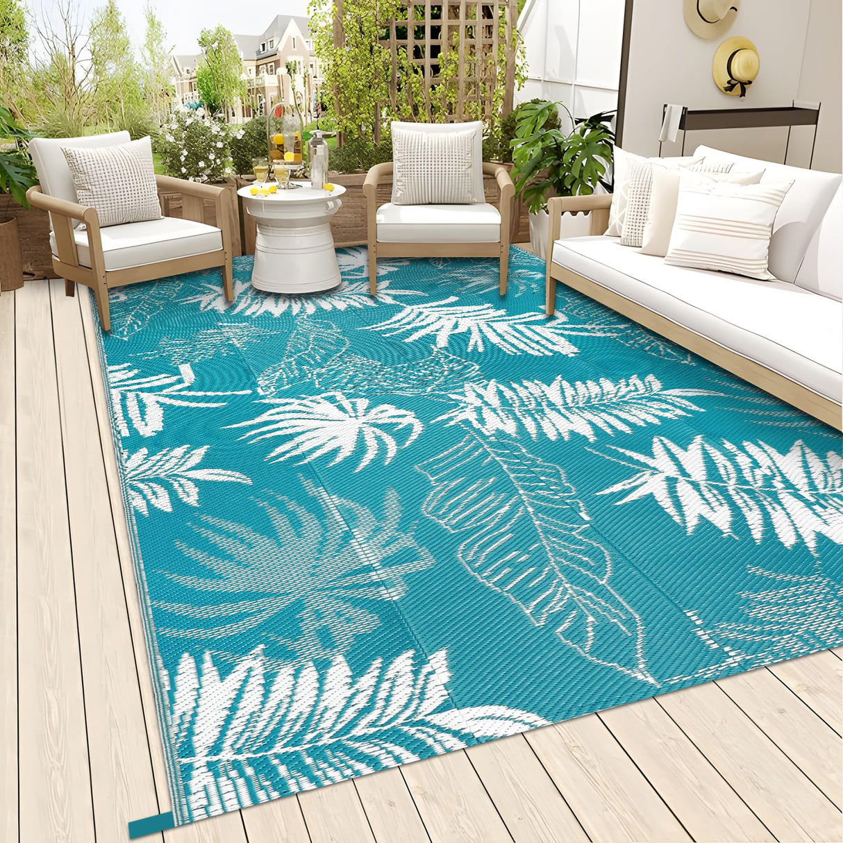 Outdoor Reversible Rug Waterproof Outdoor Patio Rug Plastic Large Floor Mat Lightweight Indoor Outdoor Rug Carpet Plastic Straw Rug for Camping Deck RV Backyard Picnic (Teal) 150x245cm