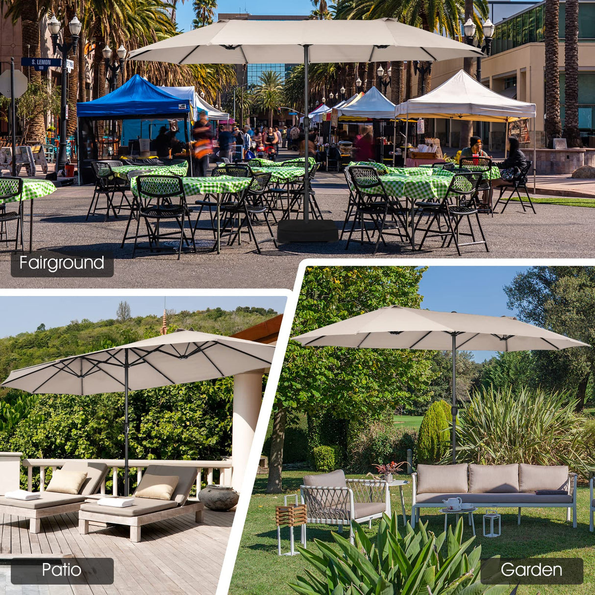 15FT Double-Sided Patio Umbrella, Ultra-Large Twin Garden Umbrella w/ 12-Rib Structure & Hand-Crank System, Outdoor Market Umbrella w/Enhanced Base for Residential & Commercial Use