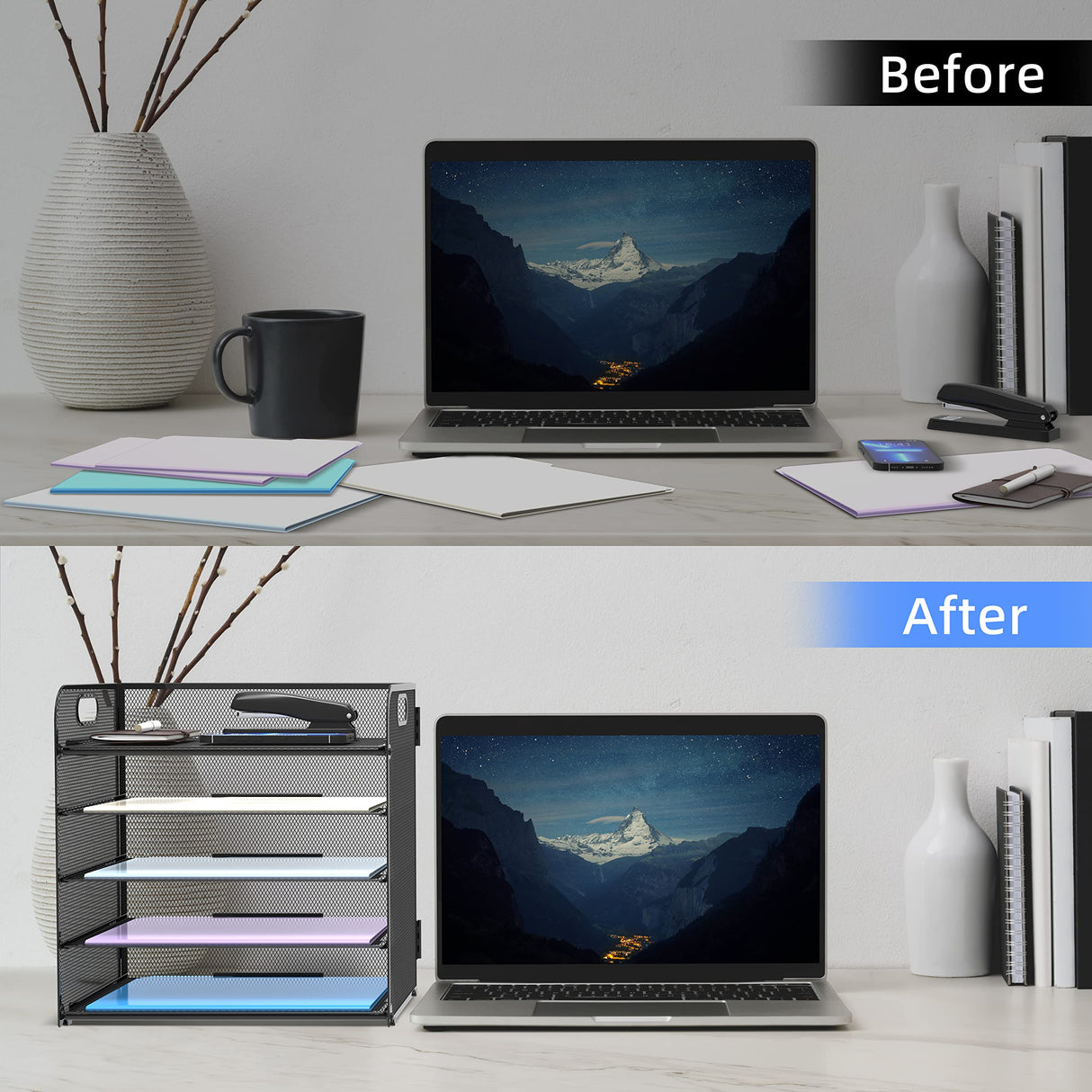 5 Trays Paper Organizer Letter Tray with Handle-Mesh Desk File Organizer,Black Paper Sorter Desk Organizer for Office,Home or School