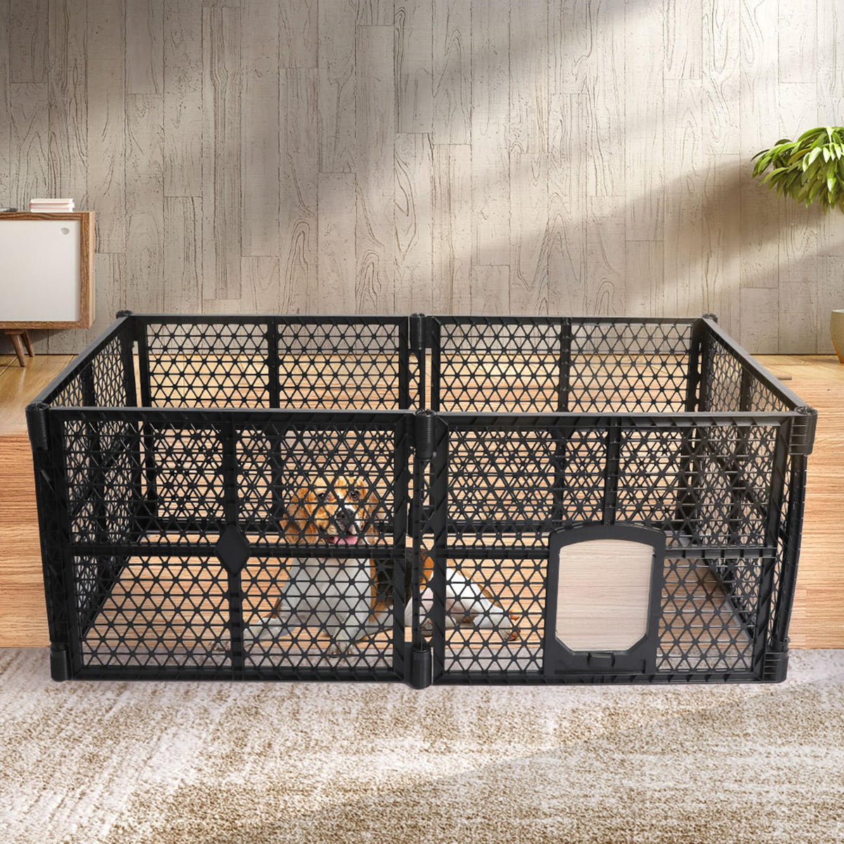 6-Panel Black Plastic Pet Playpen with Lockable Gate – 86 × 67 cm Panels