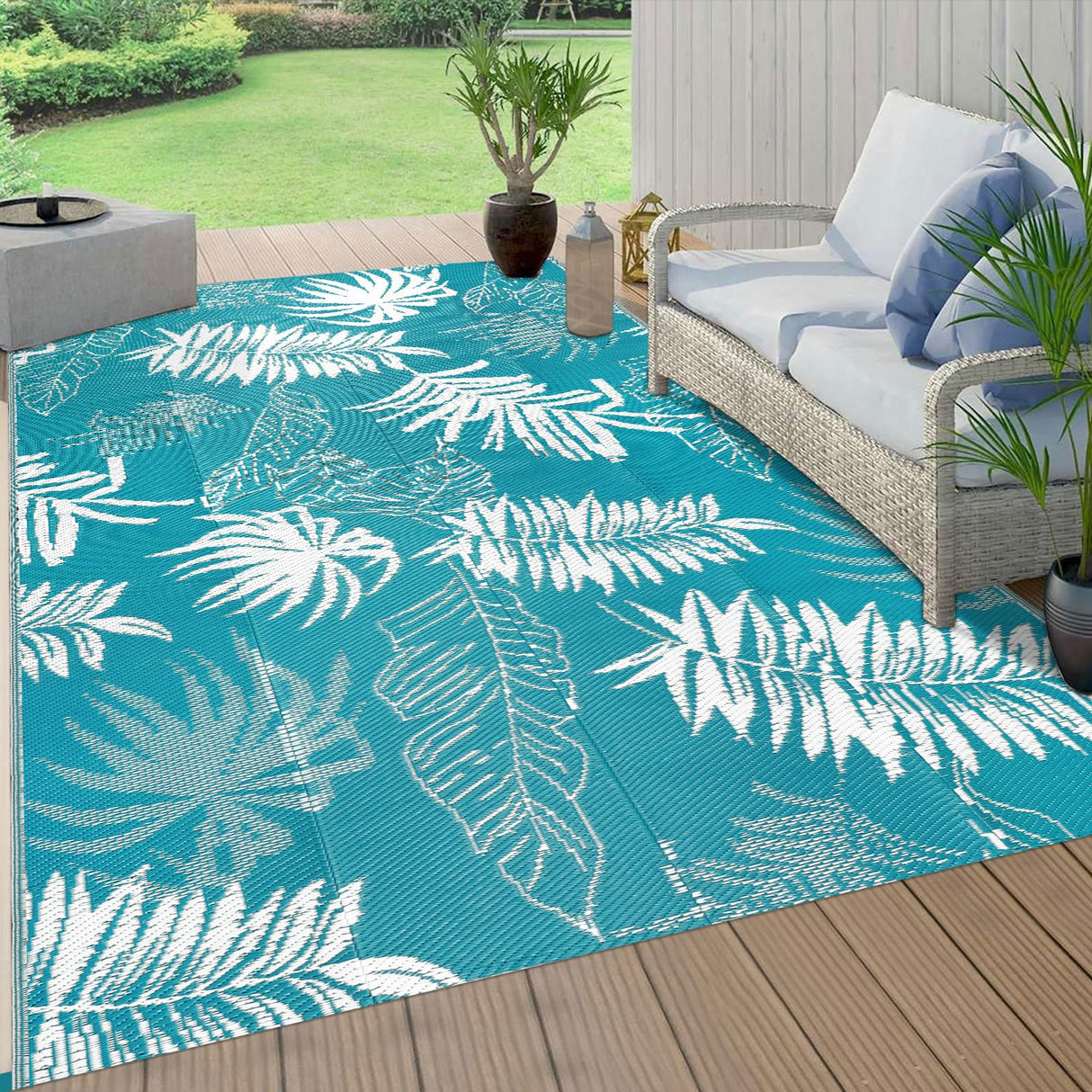 Outdoor Reversible Rug Waterproof Outdoor Patio Rug Plastic Large Floor Mat Lightweight Indoor Outdoor Rug Carpet Plastic Straw Rug for Camping Deck RV Backyard Picnic (Teal) 150x245cm
