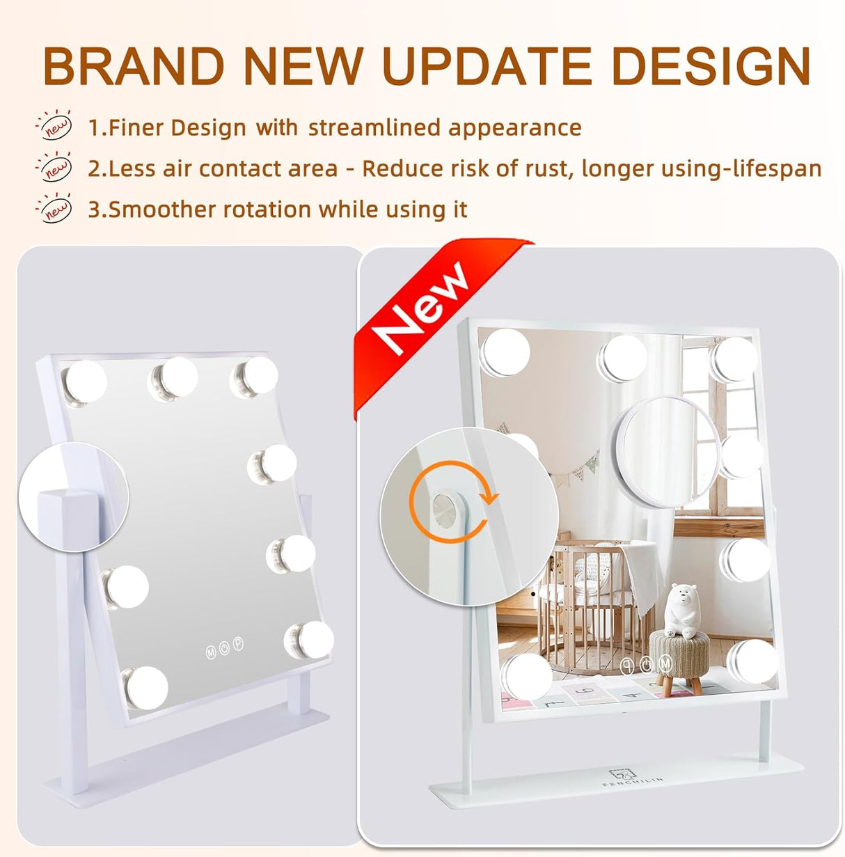 Vanity Mirror with Lights Hollywood Lighted Makeup Mirror with 9 LED Bulbs, 3Colors Dimable Light Detachable 10X Magnification(White)