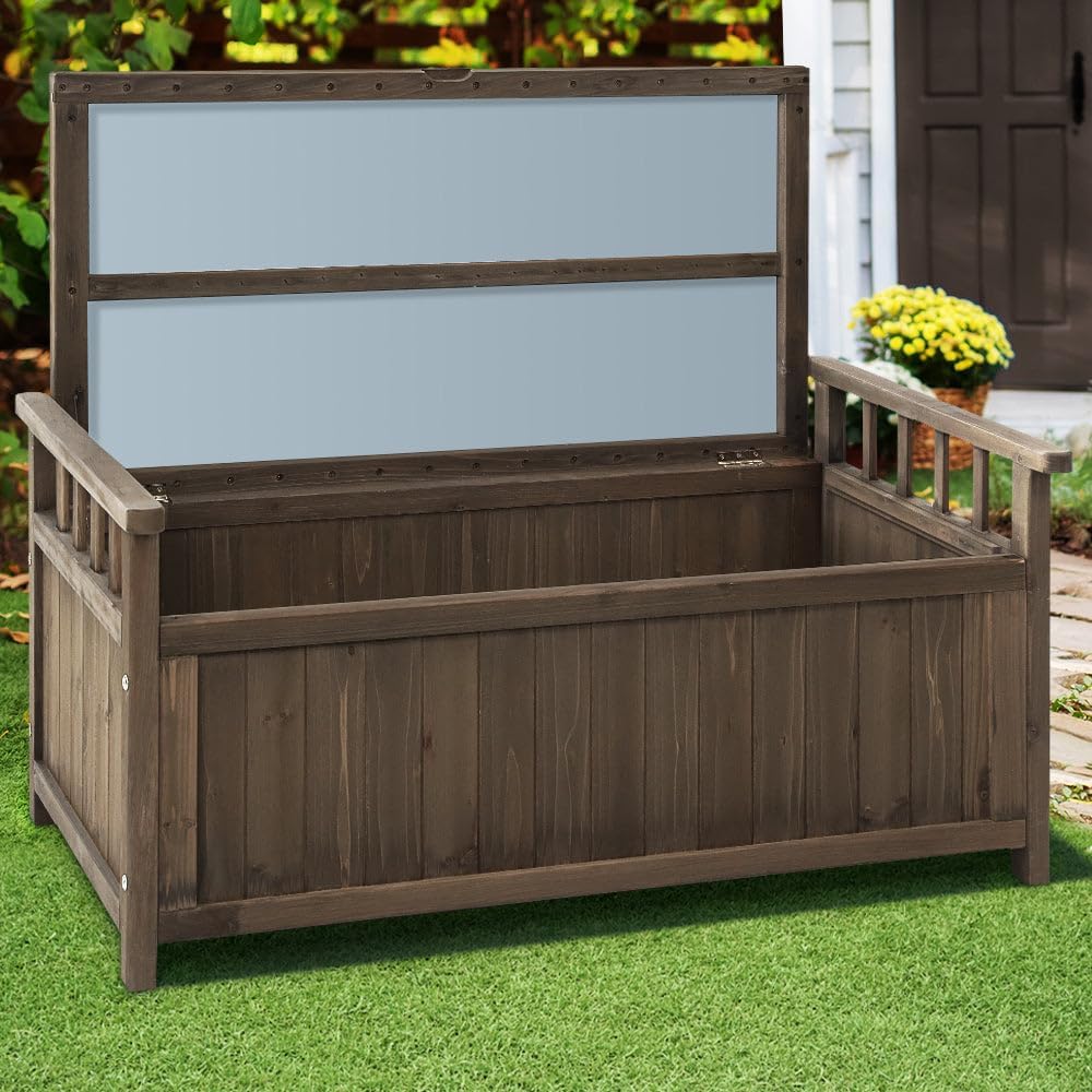 Outdoor Storage Box Bench, Wooden Garden Shed Shoe Cabinet Tool Chest Toy Storages Boxes Benches Deck Chair Container Indoor Patio Balcony Furniture, Water-Resistant 220kg Capacity Brown