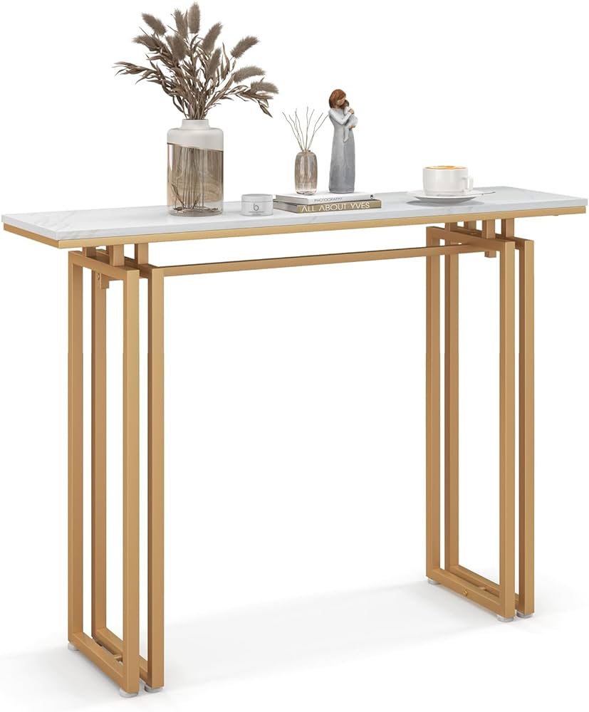 110cm Console Table, Faux Marble Sofa Table w/Sturdy Metal Legs, Adjustable Feet, Modern Entryway Table, Perfect for Foyer, Living Room, Hallway (Gold)