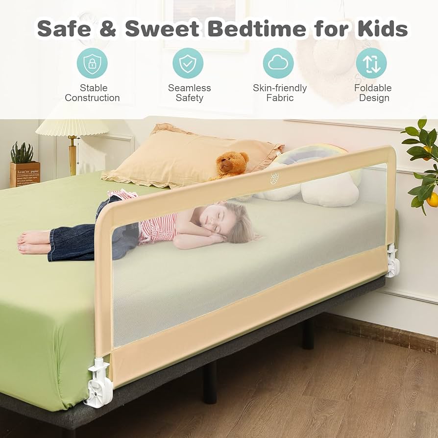 Bed Rails for Toddlers, 180cm Extra Long, Swing Down Bed Guard w/Safety Strap for Convertible Crib, Folding Baby Bedrail for Kids Twin, Double, Full Size Queen & King Mattress