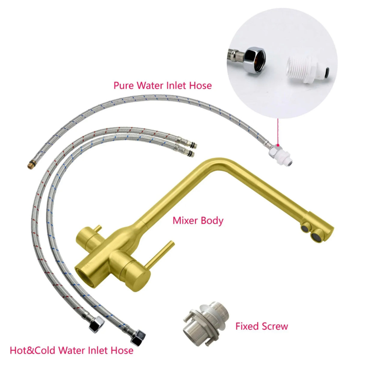 Brushed Gold 3 Way Kitchen Mixer Pure Drinking Water Sink Tap Swivel Spout WELS