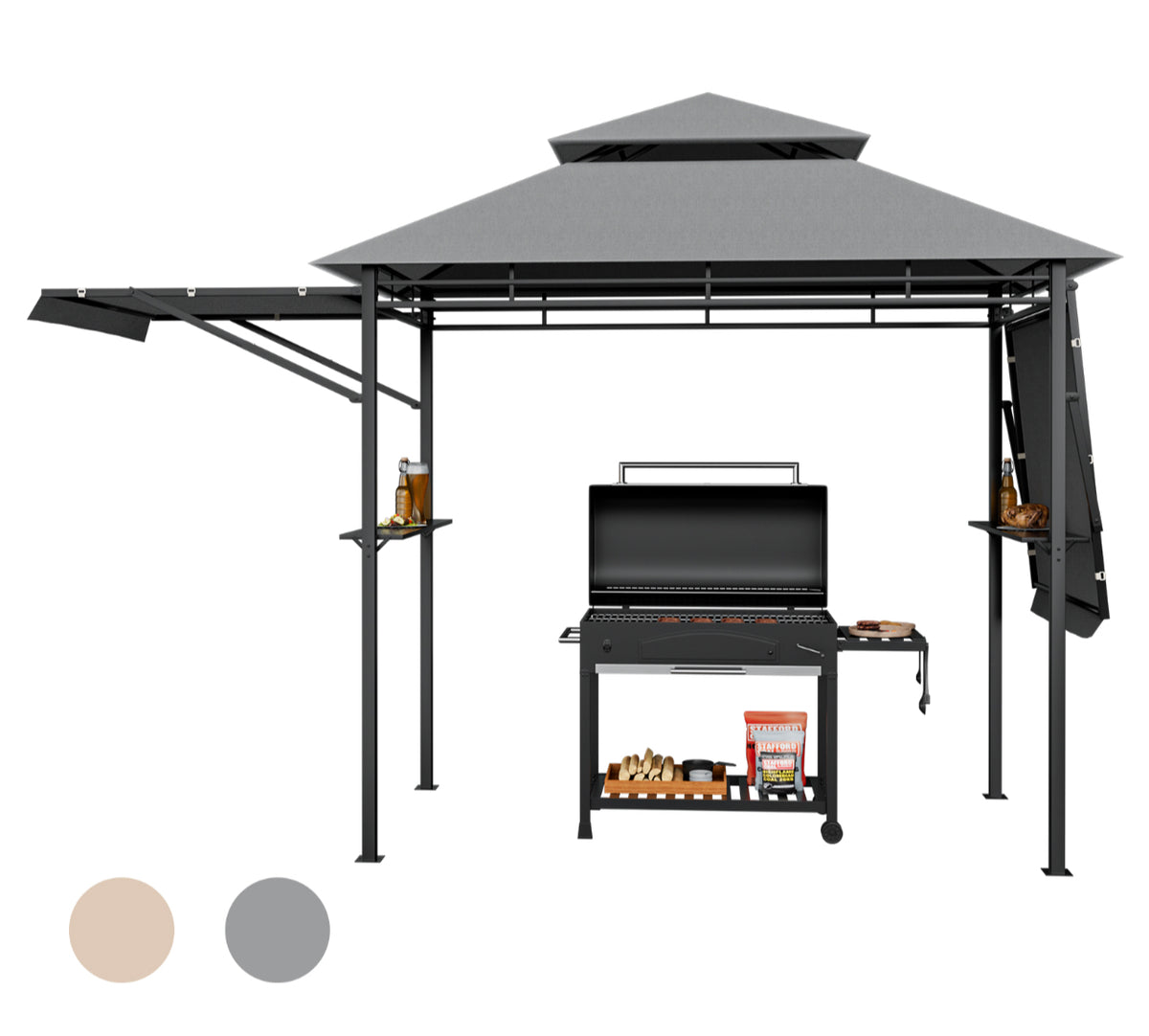 Outdoor BBQ Grill Gazebo with Adjustable Side Awnings & Shelves
