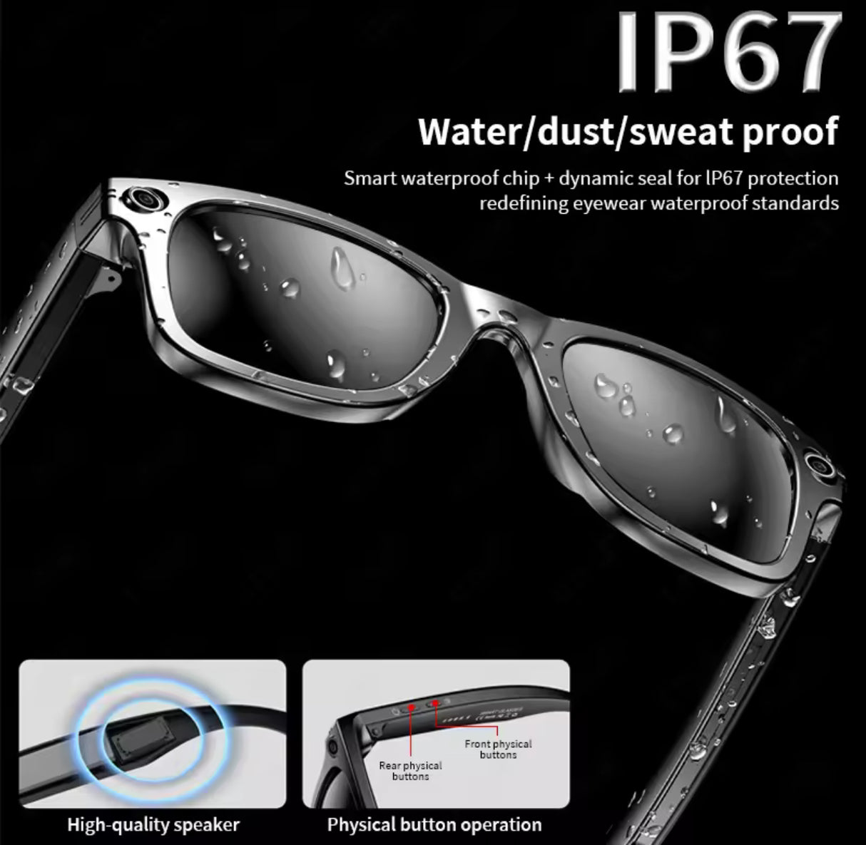 Smart Glasses Recording Videos AI Photo Recognition Answer Translation 260mAh Large Battery IP65 Waterproof Bluetooth Glasses
