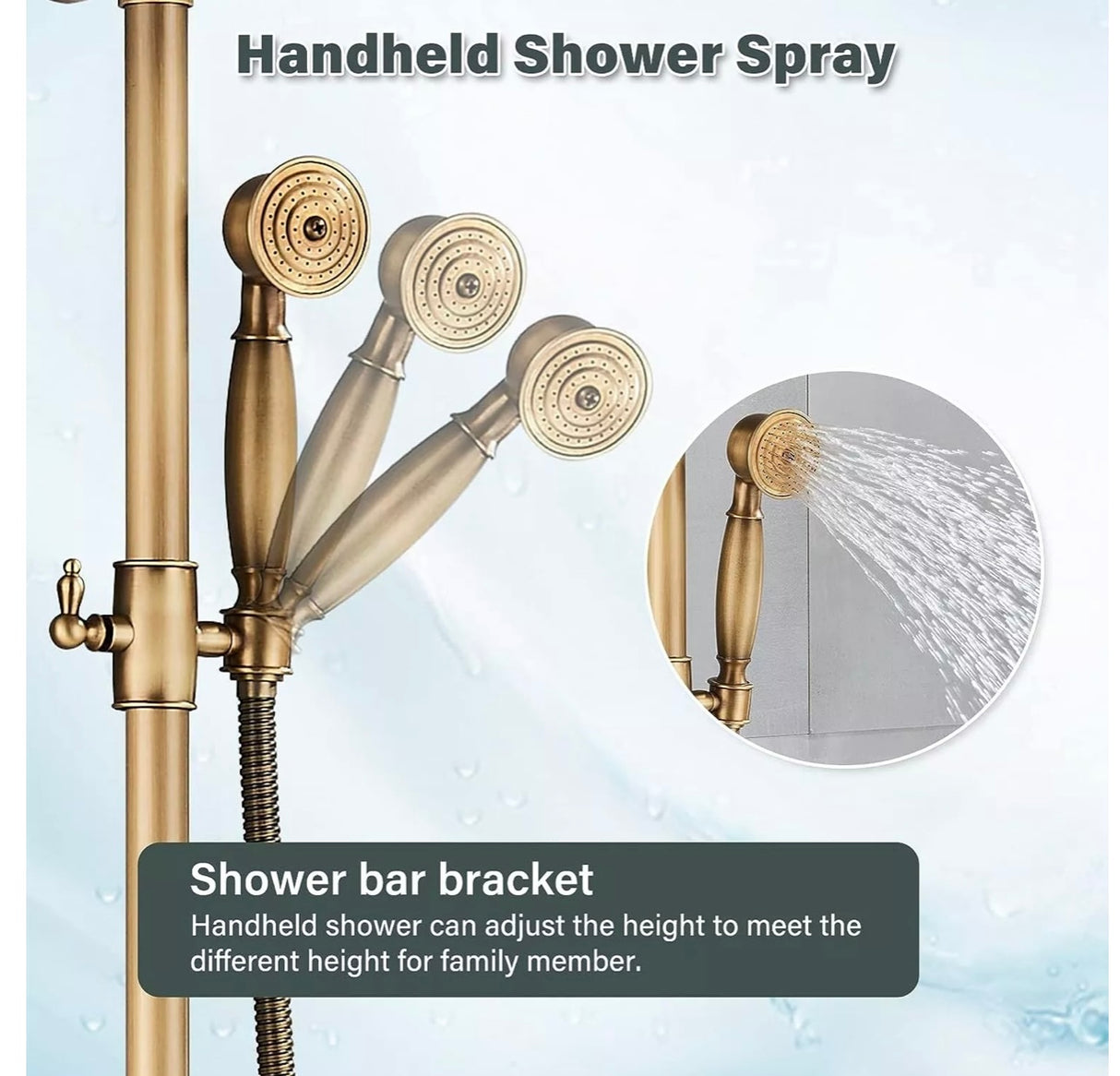 WELS Shower System Set Antique Brass Rainfall Shower Head Hand Shower Wall Mount