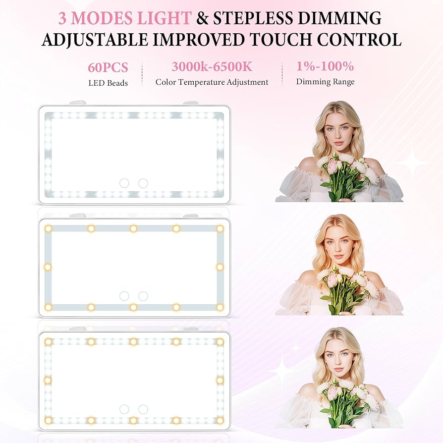 Car LED vanity makeup mirror, touch sensor, sun visor makeup mirror, three-color adjustable, clear eye protection