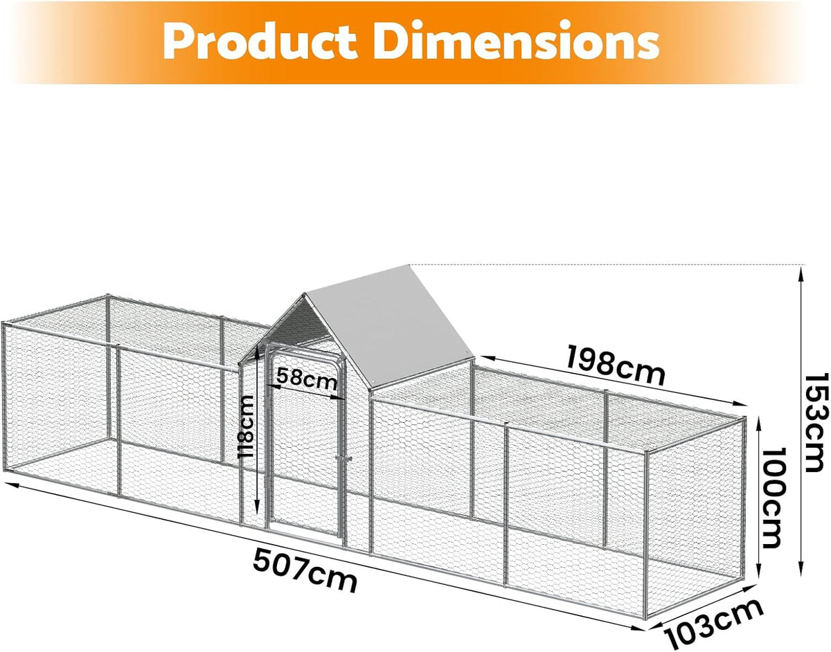 5 × 1 × 1.5 m Walk-In Metal Chicken Coop with Weather Cover
