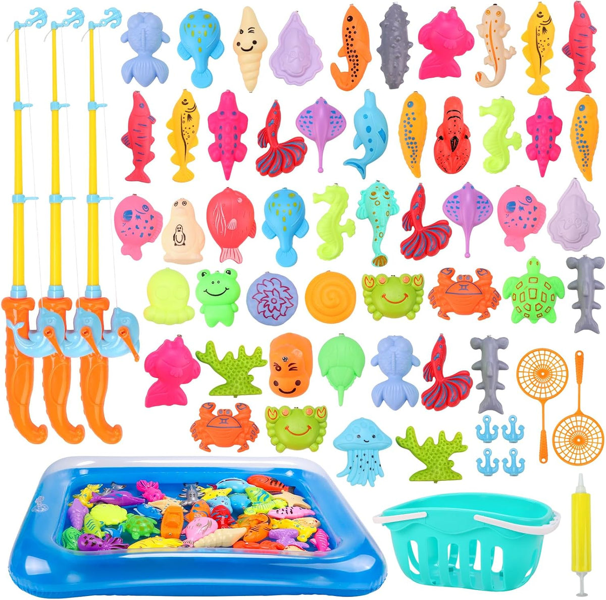 62-Piece Ocean Animal Magnetic Fishing Game with Inflatable Pool
