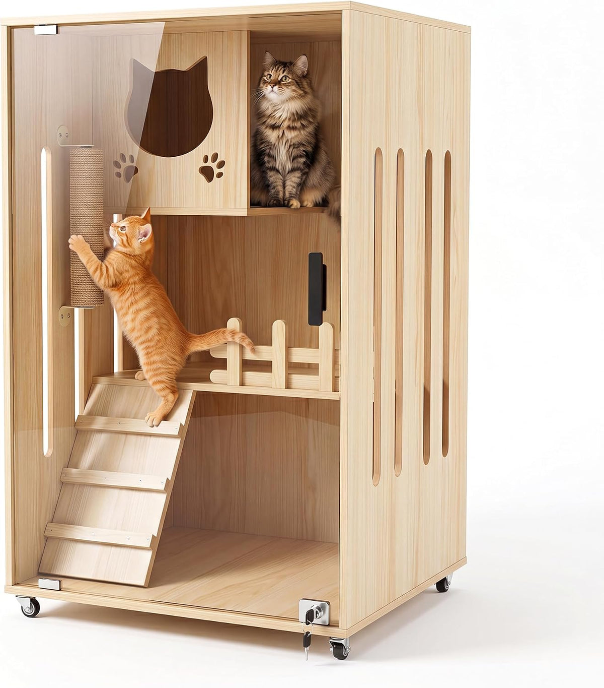 60 × 60 × 95 cm Wooden Cat Condo with Glass Door, Wheels & Scratching Post