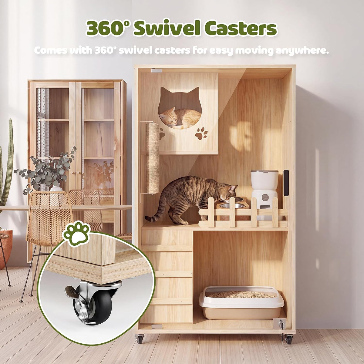 60 × 60 × 95 cm Wooden Cat Condo with Glass Door, Wheels & Scratching Post