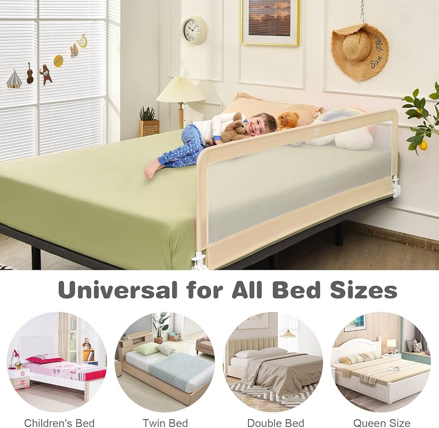 Bed Rails for Toddlers, 180cm Extra Long, Swing Down Bed Guard w/Safety Strap for Convertible Crib, Folding Baby Bedrail for Kids Twin, Double, Full Size Queen & King Mattress