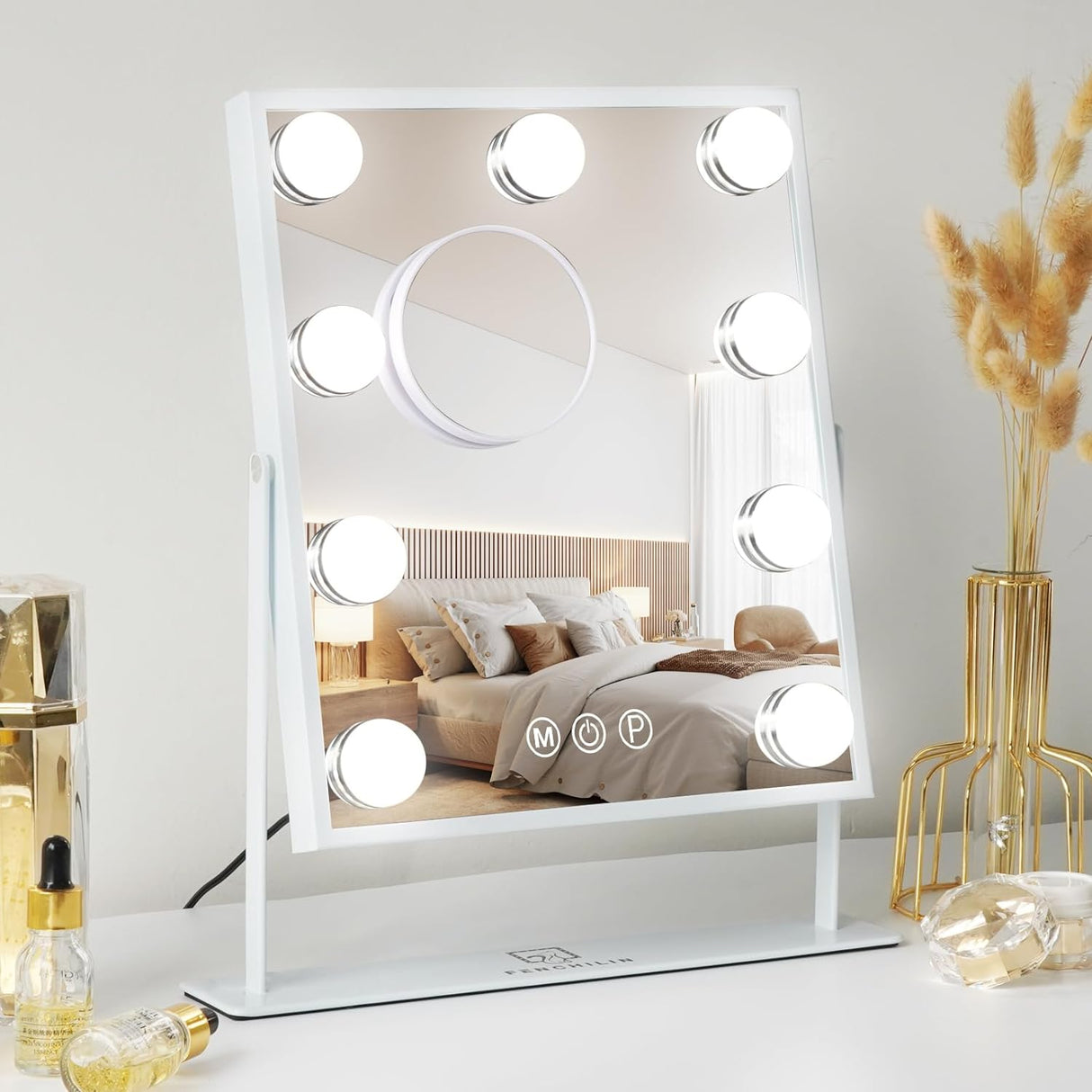 Vanity Mirror with Lights Hollywood Lighted Makeup Mirror with 9 LED Bulbs, 3Colors Dimable Light Detachable 10X Magnification(White)
