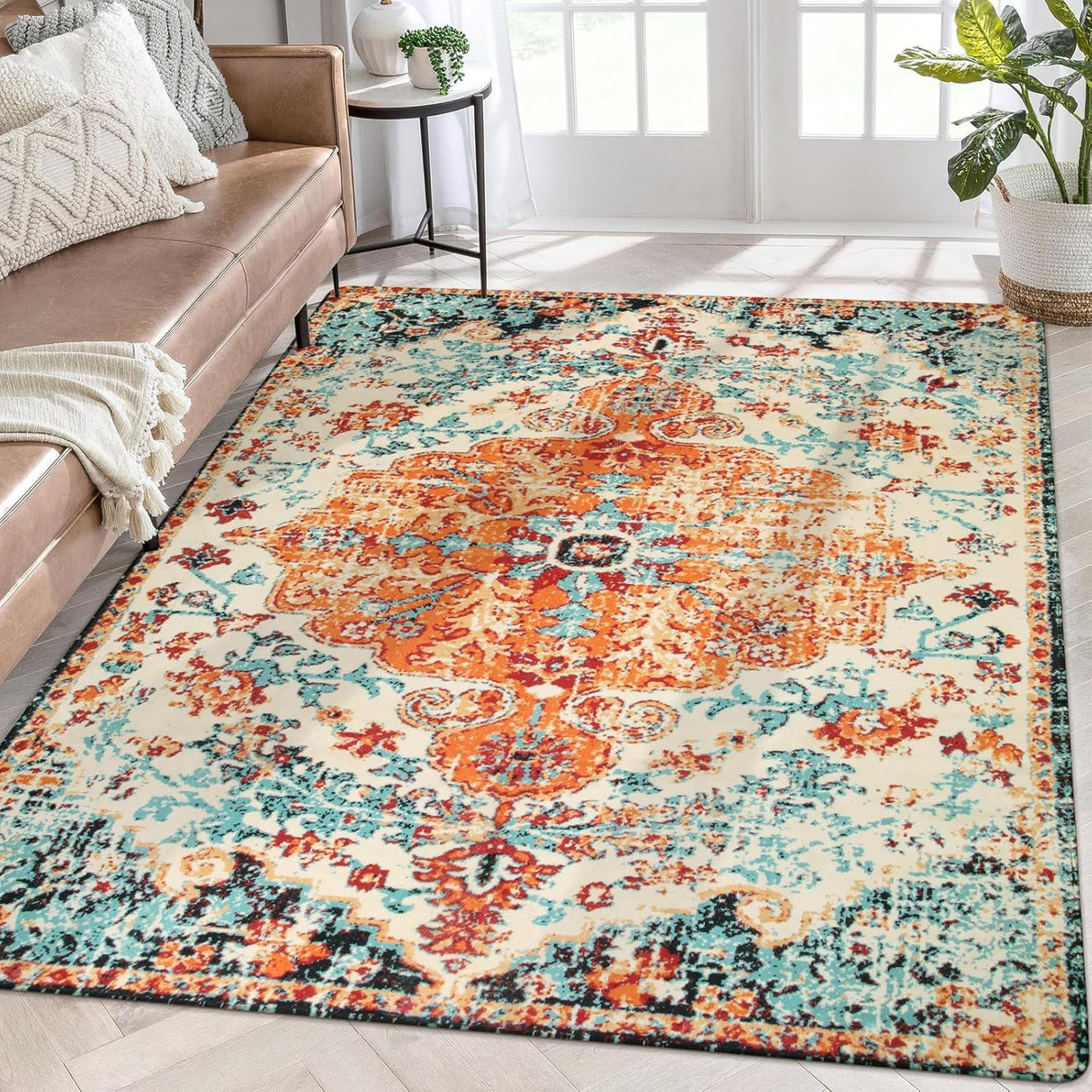 Bohemian Floral Area Rug Modern Non Slip Soft Low Profile Washable Carpet Floor Mat for Living Room/Bedroom/Dining Room for Home Decor