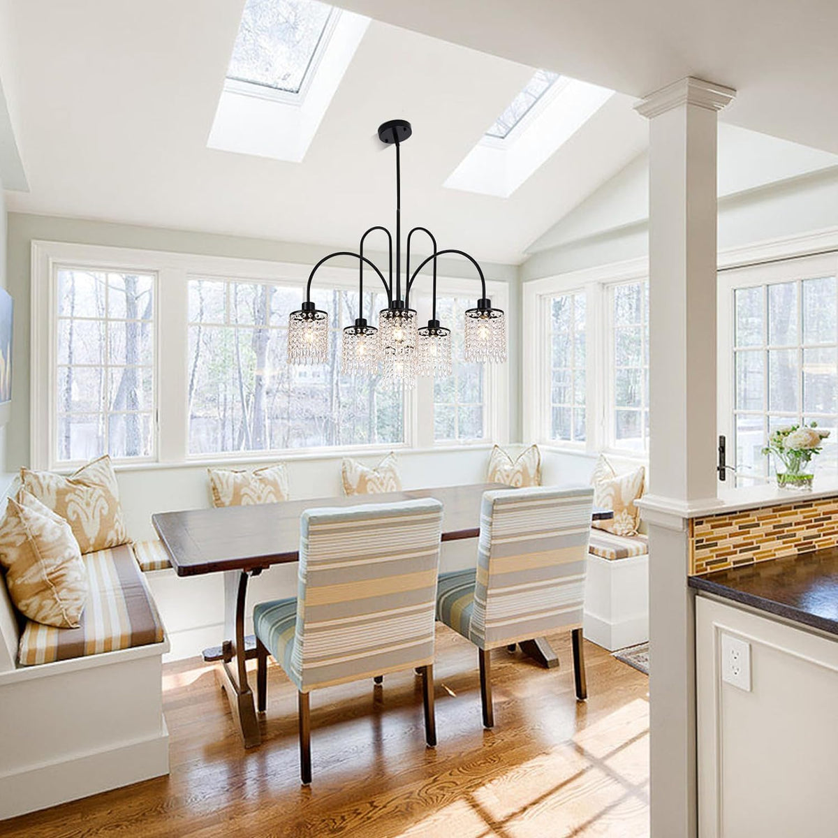 6 Lights Crystal Chandeliers, Black Farmhouse Chandelier, Metal Industrial Pendant Lighting, Semi Flush Mount Chandelier Ceiling Lamp for Dining Room Bedroom Kitchen, E27 Base