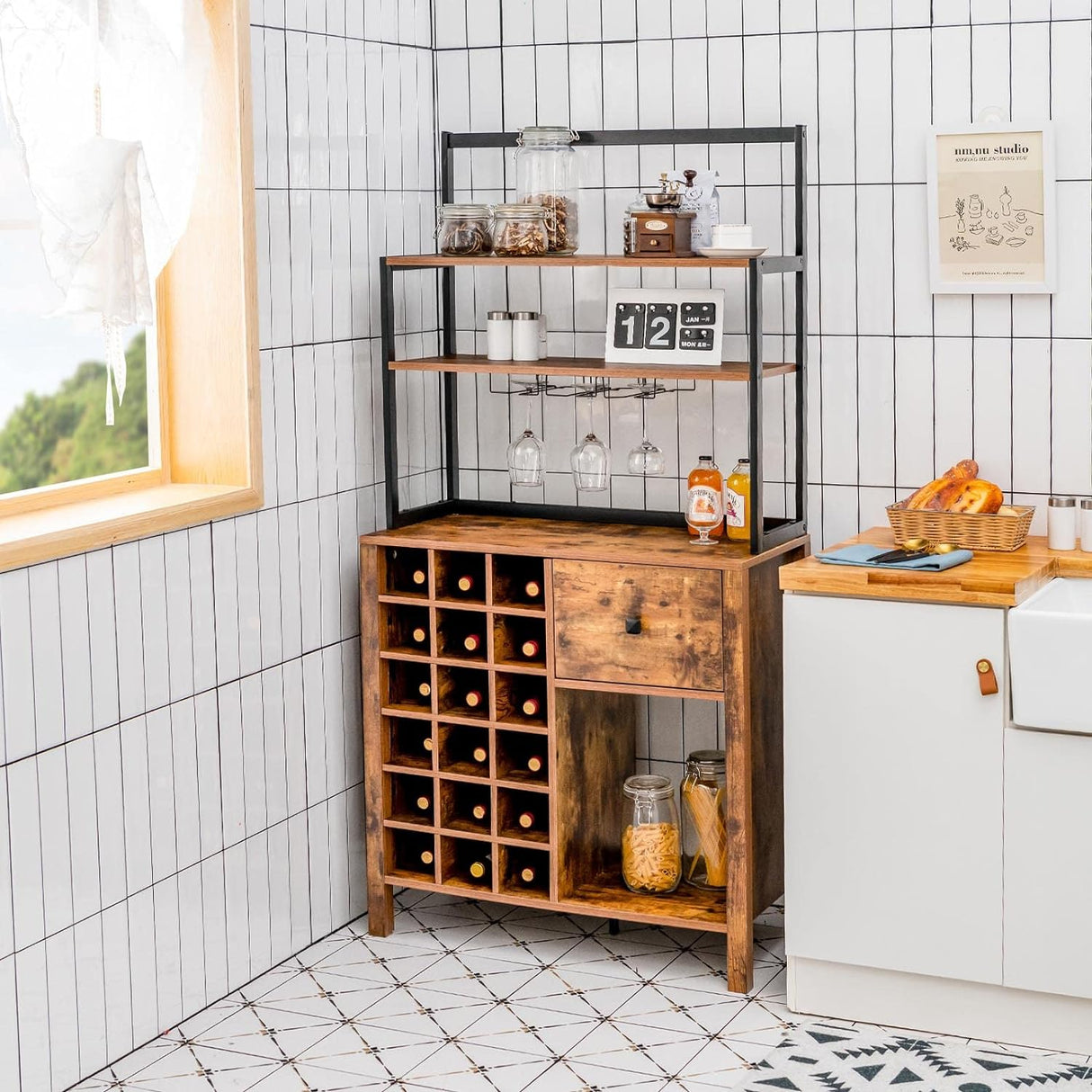 Kitchen Wine Rack, Freestanding Cabinet w/Wine Glass Holder & Drawer, 4-Tier Bakers Rack, Microwave Oven Stand for Kitchen Dining Room Living Room