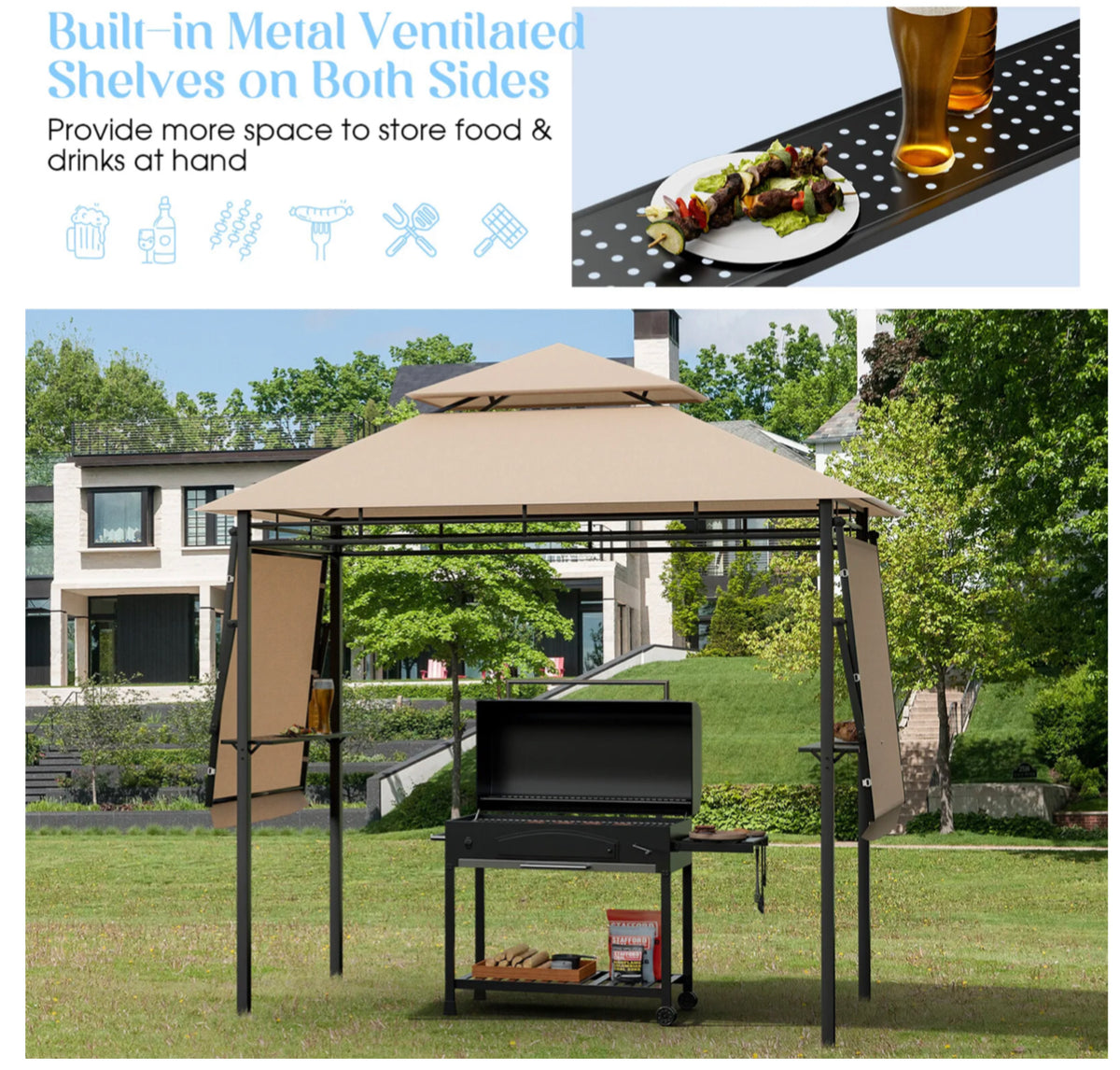 Outdoor BBQ Grill Gazebo with Adjustable Side Awnings & Shelves