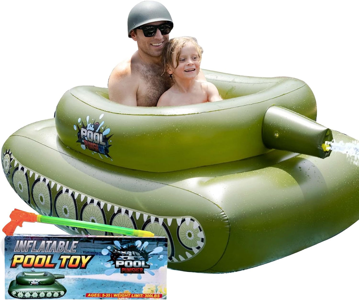 Pool Punisher Inflatable Toy Tank with Squirt Gun- Swimming Accessories for Kids, Teens and Adults - Giant Size Outdoor Water Toys for Lakes and Beach - Swim Stuff for Summer