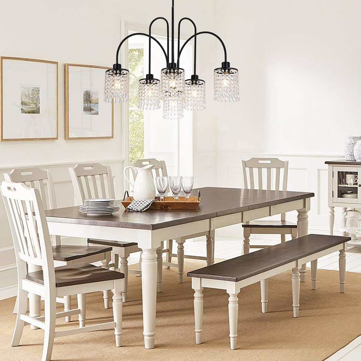 6 Lights Crystal Chandeliers, Black Farmhouse Chandelier, Metal Industrial Pendant Lighting, Semi Flush Mount Chandelier Ceiling Lamp for Dining Room Bedroom Kitchen, E27 Base