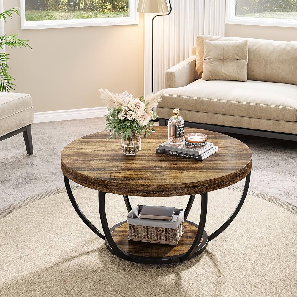 31.7" Round Coffee Table, Industrial 2-Tier Circle Coffee Table with Storage Shelves, Modern Wooden Accent Center Table Sofa Side Table for Living Room, Home Office, Wooden Grain