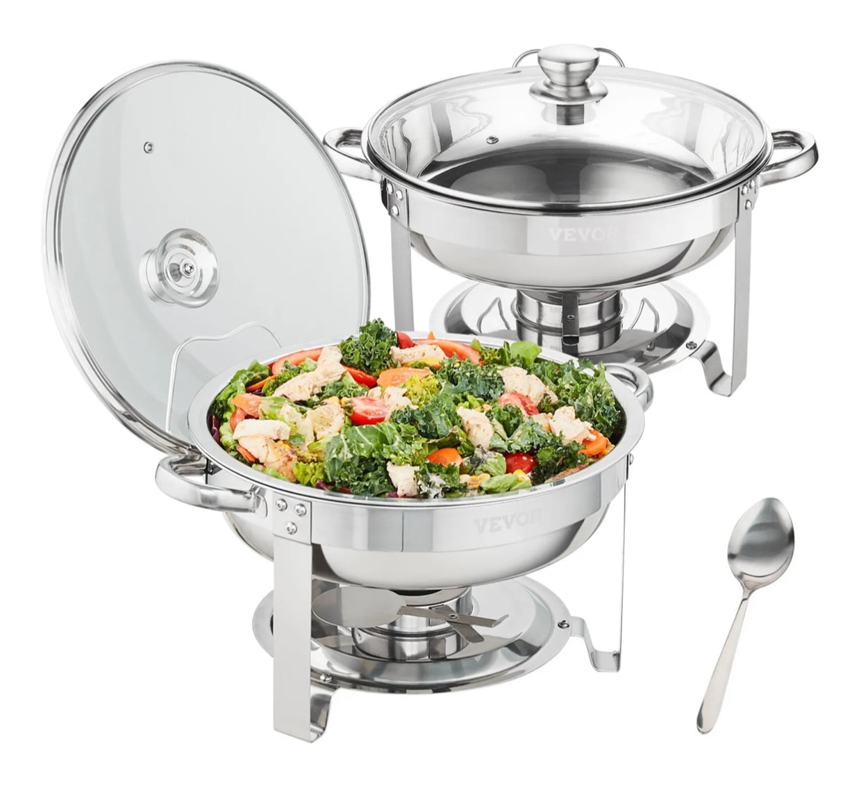 2-Pack Round Chafing Dish Set with Full-Size 4Qt Pan Glass Lid Fuel Holder