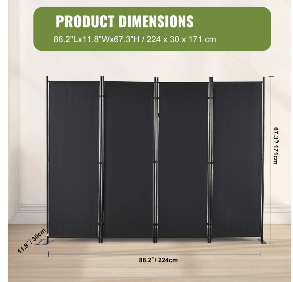 4-Panel Room Divider Folding Privacy Screen Home Office 224 x 171cm Black