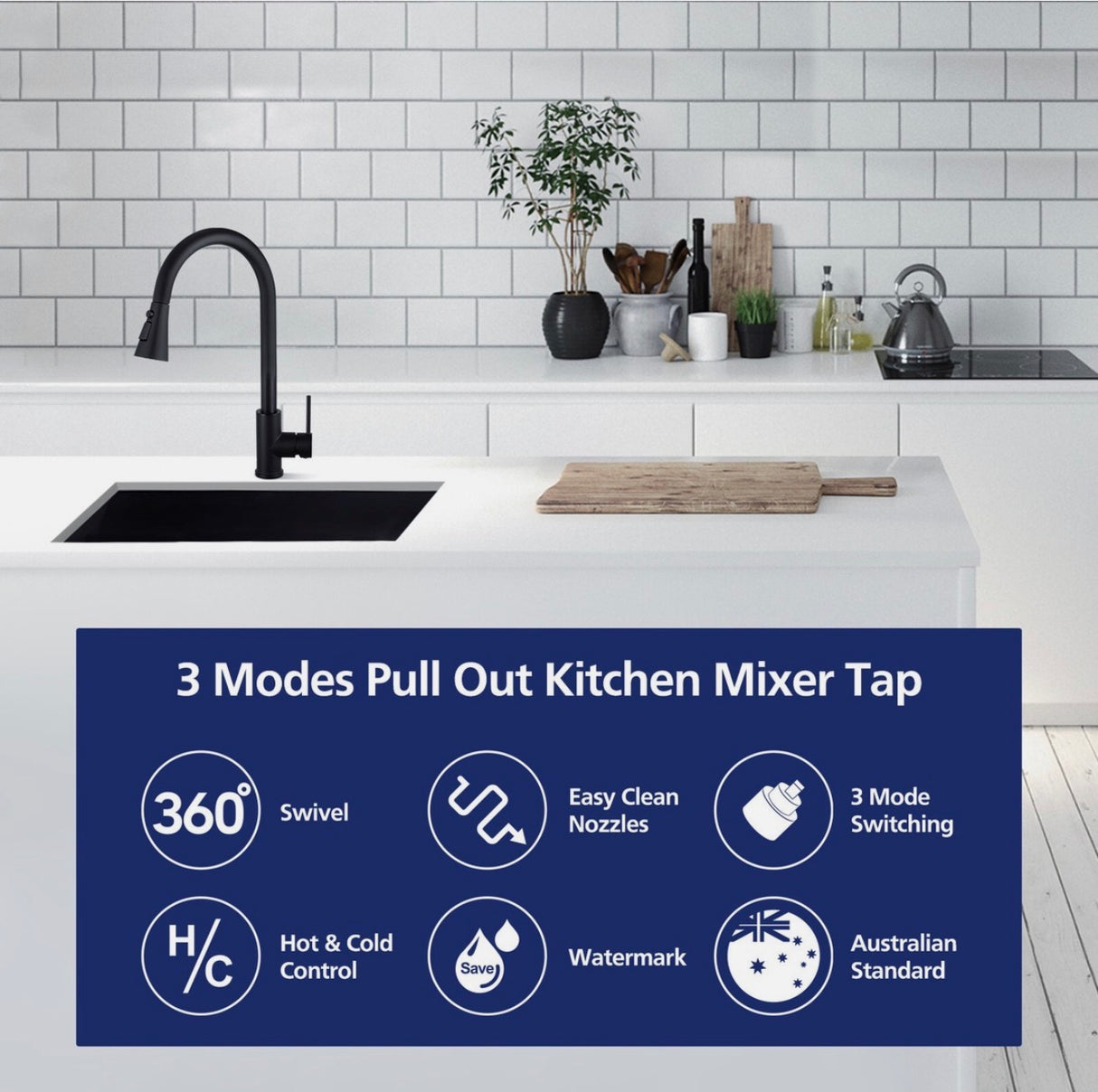 ACA Black 3 Modes Pull Out Kitchen Mixer Tap Laundry Sink Faucet Swivel