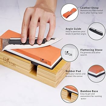 Sharpening Stone,4 Side Grit 400/1000 3000/8000 Grit, Knife Sharpener Stone with Non-Slip Rubber Stone Holder, Flattening Stone,Leather Strop, Honing Guide, Cut Resistant Gloves