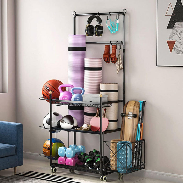 Rolling Home-Gym Storage Rack with Hooks