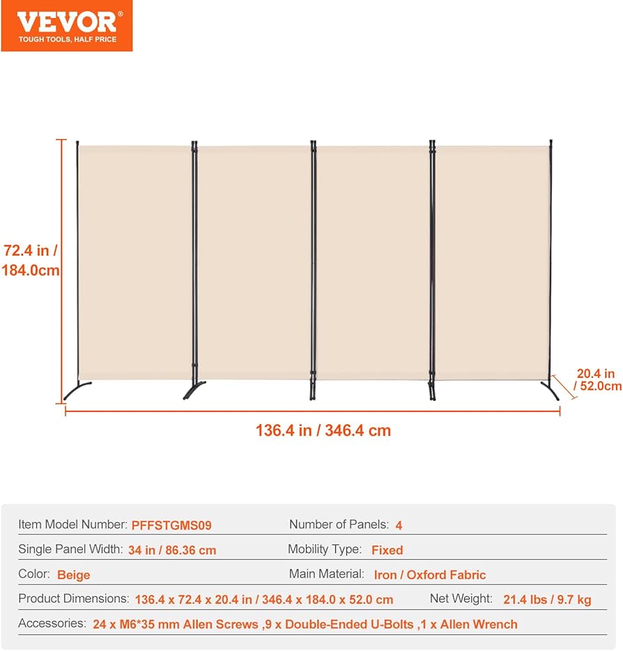 Room Divider, 4 Panels Room Divider, Folding Privacy Screen and Portable Partition Divider for Room Separation, Freestanding Room Partitions for Office, Bedroom, Study, Beige