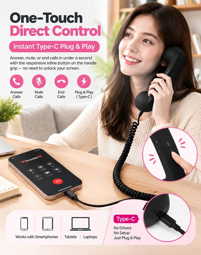 Retro USB-C Wired Phone Handset with Microphone & Volume Control