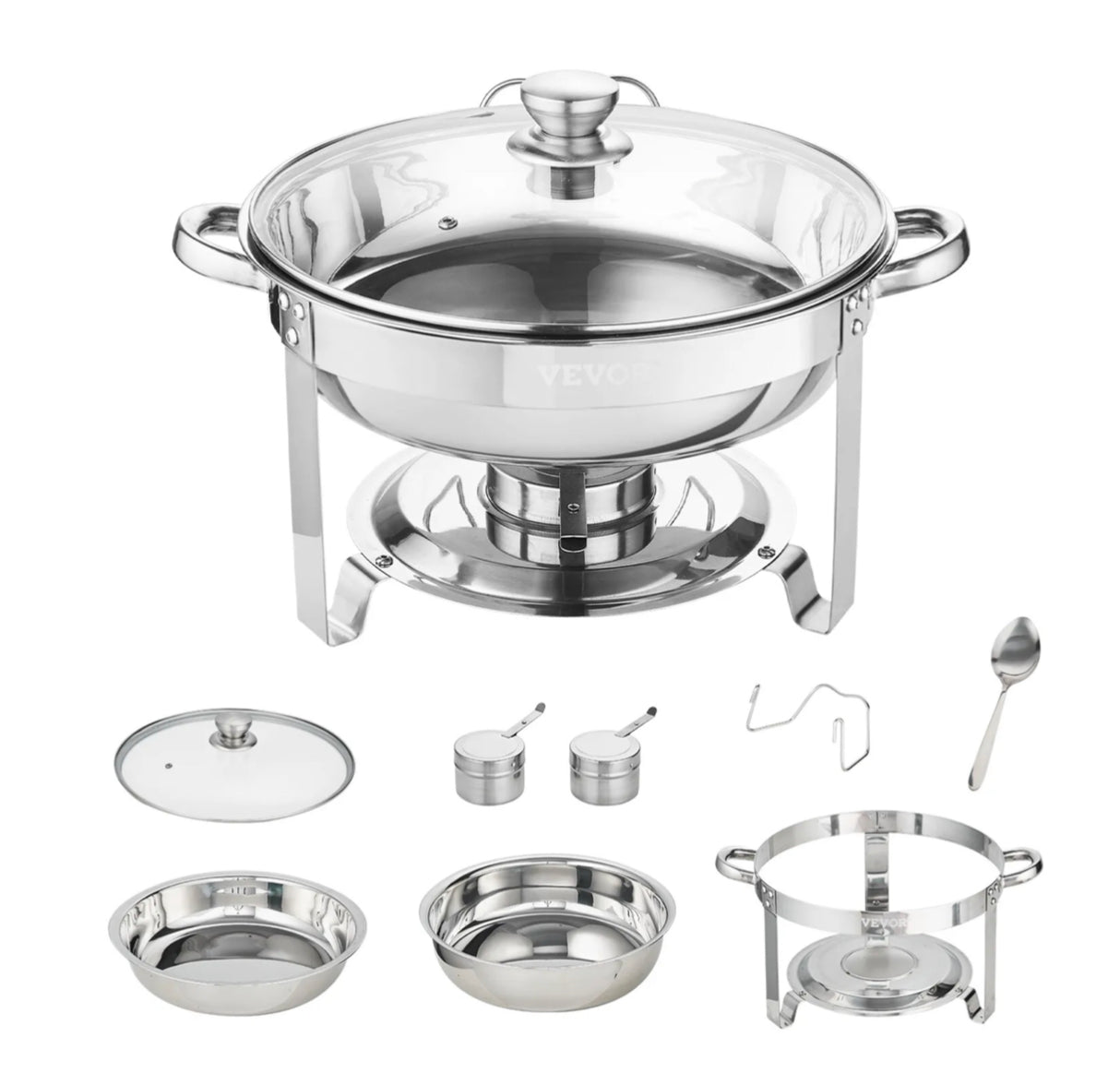 2-Pack Round Chafing Dish Set with Full-Size 4Qt Pan Glass Lid Fuel Holder