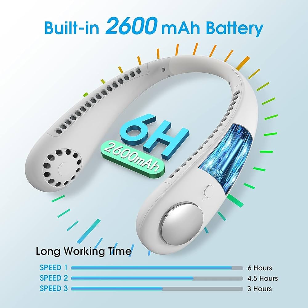 Neck Fan, Portable Hanging Neck Fan, Bladeless Mini Neck Fan with 360° Airflow, 3-Speed Hands-Free Personal Fan Rechargeable Wearable Fan Cooling Quiet for Home Office Travel Sports Outdoor