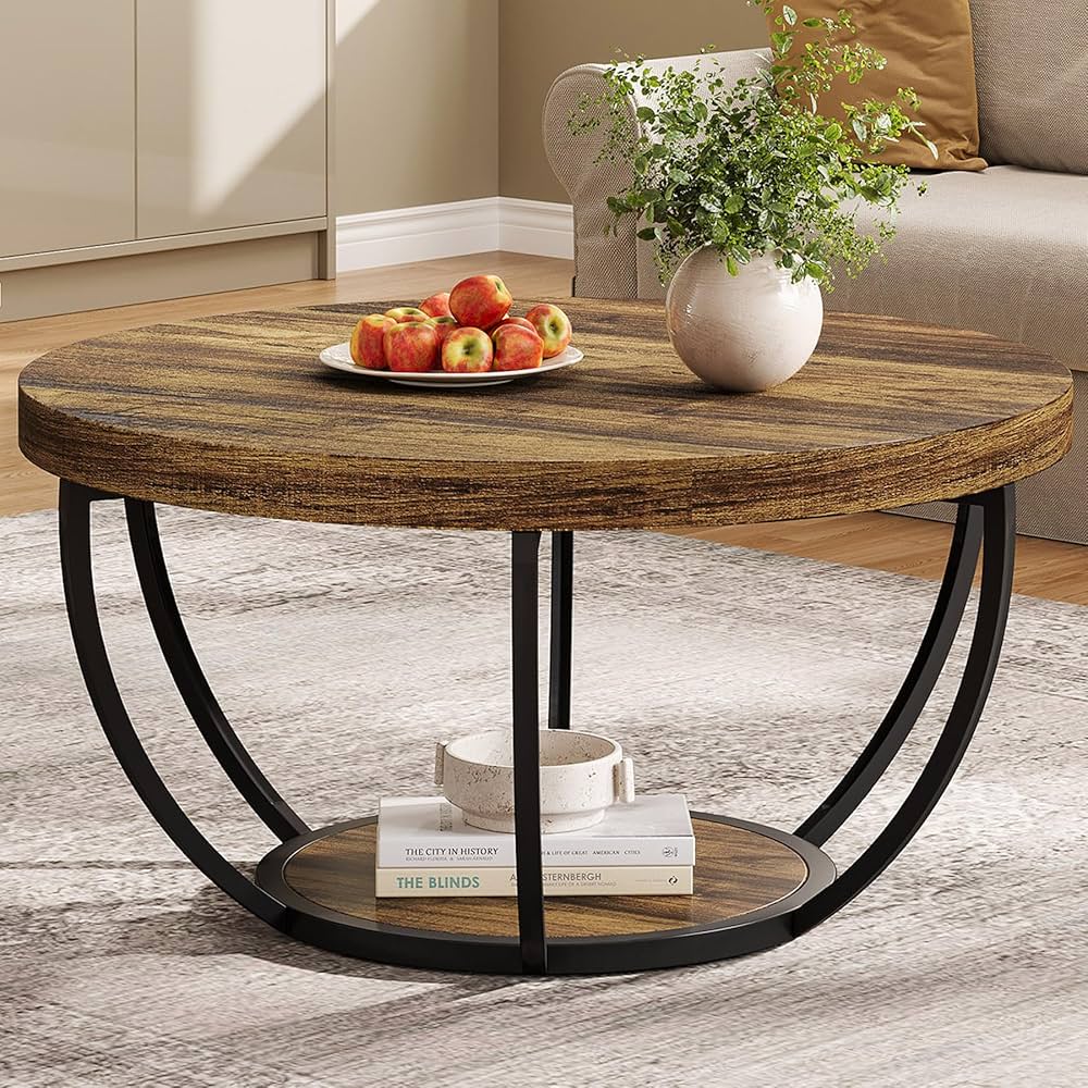 31.7" Round Coffee Table, Industrial 2-Tier Circle Coffee Table with Storage Shelves, Modern Wooden Accent Center Table Sofa Side Table for Living Room, Home Office, Wooden Grain