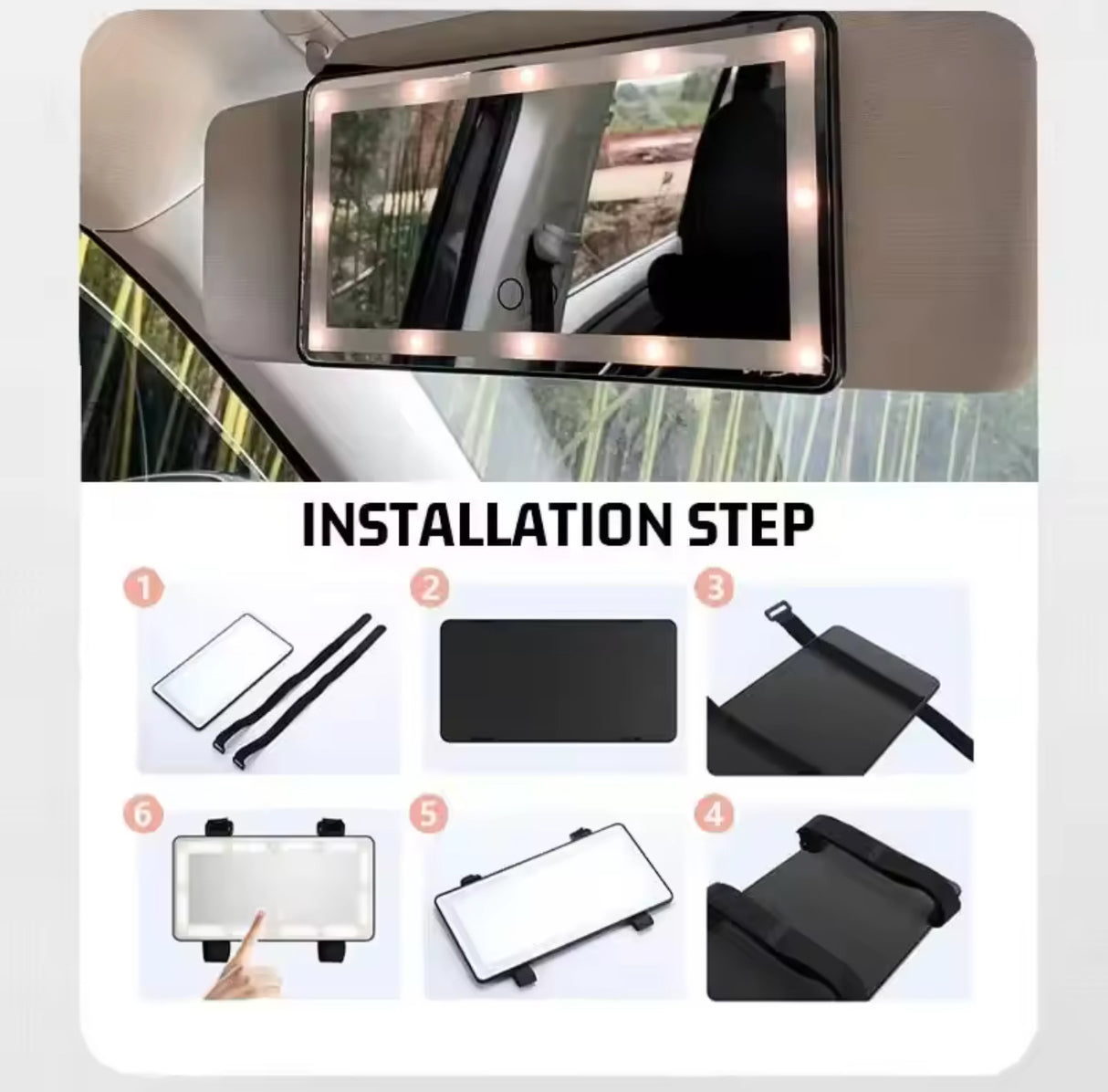 Car LED vanity makeup mirror, touch sensor, sun visor makeup mirror, three-color adjustable, clear eye protection