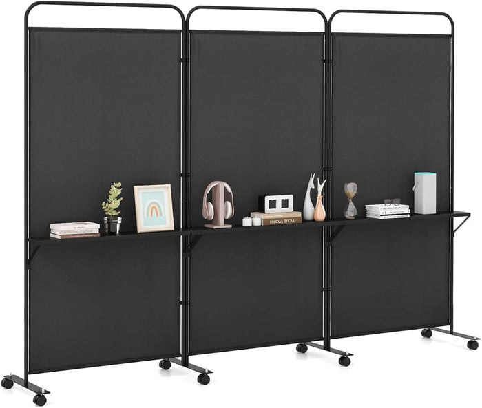 188cm Rolling 3-Panel Room Divider with 3 Shelves – 3 Colours