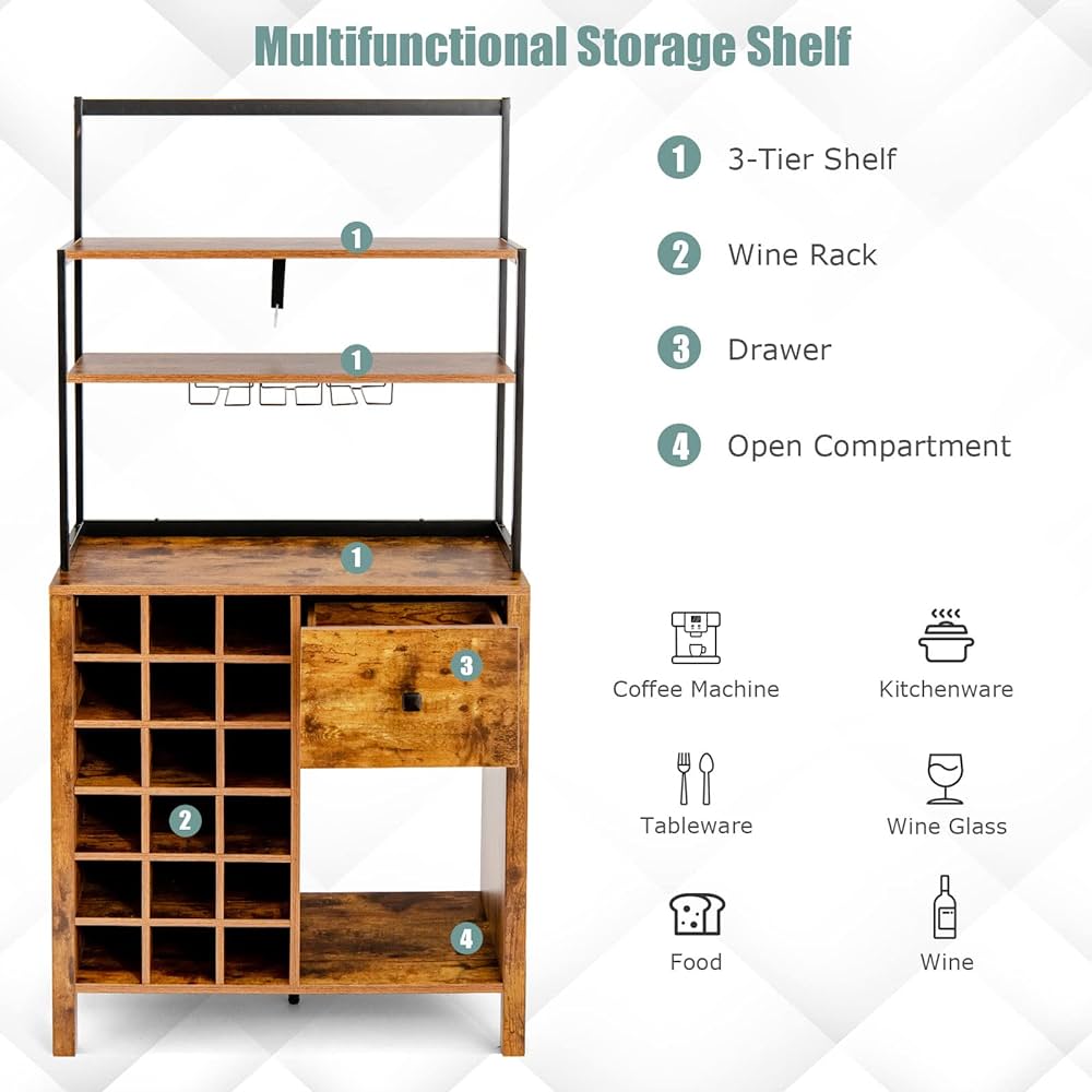 Kitchen Wine Rack, Freestanding Cabinet w/Wine Glass Holder & Drawer, 4-Tier Bakers Rack, Microwave Oven Stand for Kitchen Dining Room Living Room