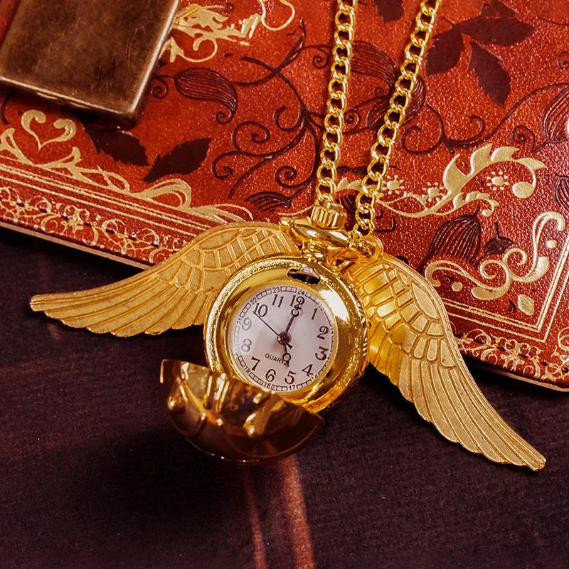 Harry Potter Peripheral Pocket Watch Necklace - Golden Snitch Retro Flip Lid Big Wings Pendant Commemorative Watch